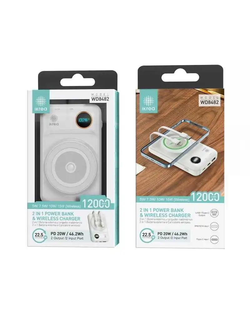 Kabellose Powerbank mit Kabel 12000mAh 22,5W - Weiß Kabellose Powerbank mit Kabel 12000mAh 22,5W - Weiß