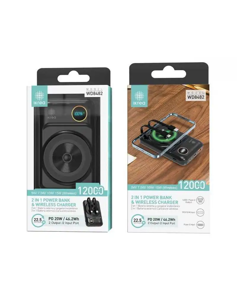 Powerbank Wireless con Cavo 12000mAh 22.5W - Nero