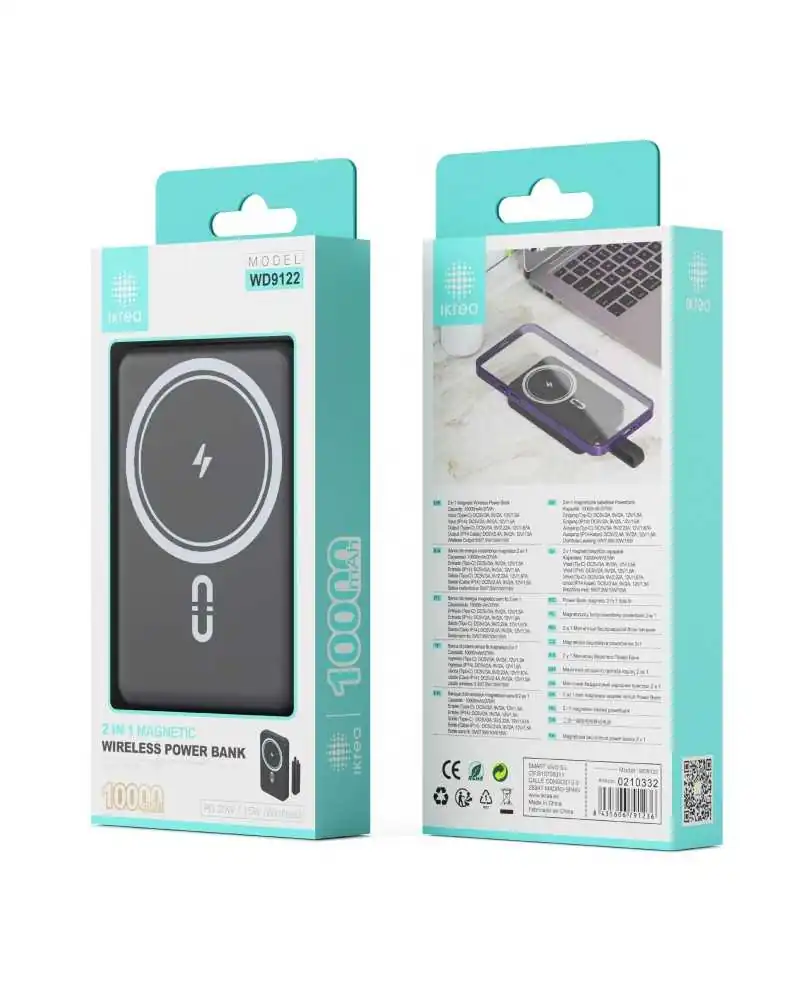 Batterie Externe Magnétique 2-en-1 avec Indicateur LED - 10000mAh 37WH - Noir Batterie Externe Magnétique 2-en-1 avec Indicateur LED - 10000mAh 37WH - Noir