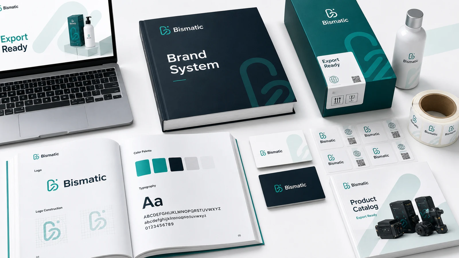 Brand system mockup for a product company transformation.
